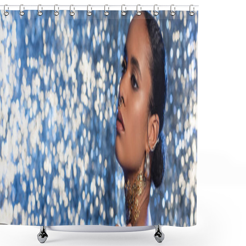 Personality  Pierced African American Model With Accessories And Foil On Neck On Sparkling Background, Banner  Shower Curtains