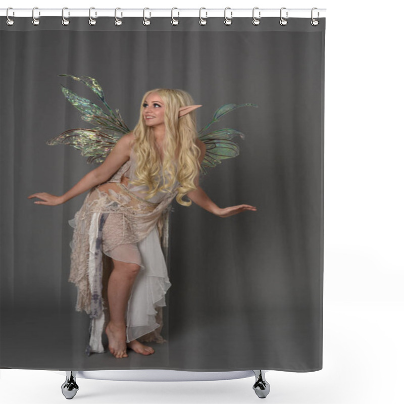 Personality  Full Length Portrait Blonde Girl Wearing Fantasy Fairy Costume, Standing Pose. Grey Studio Background. Shower Curtains