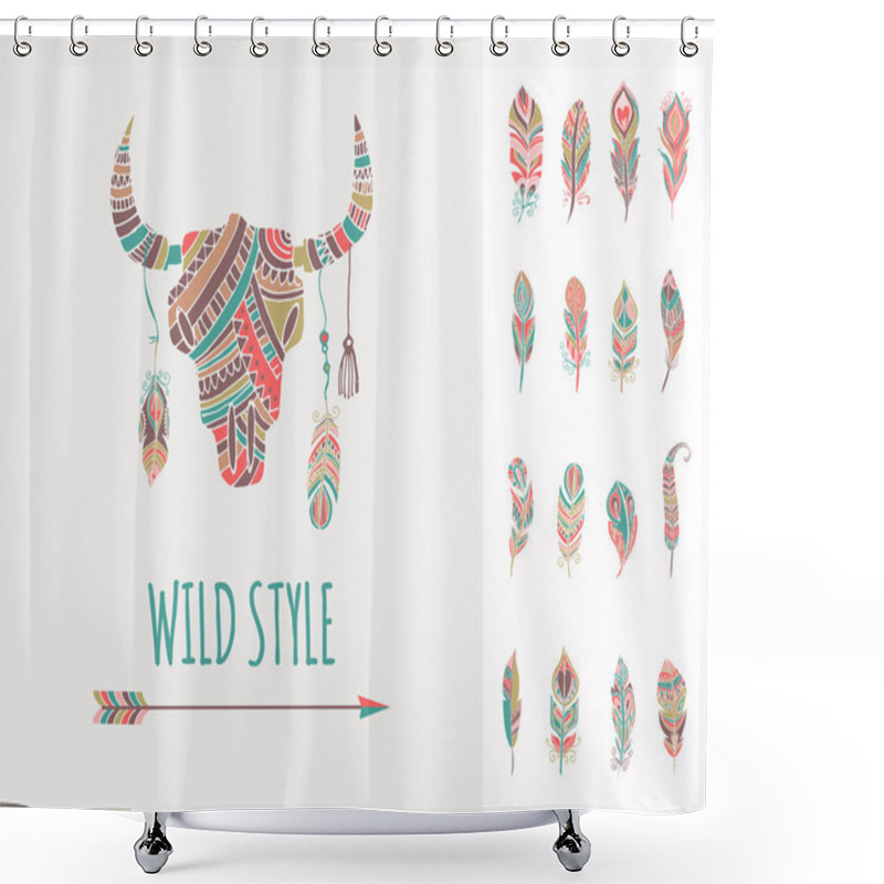 Personality  Bohemian Style Bull Skull Poster With Set Of Feathers Shower Curtains