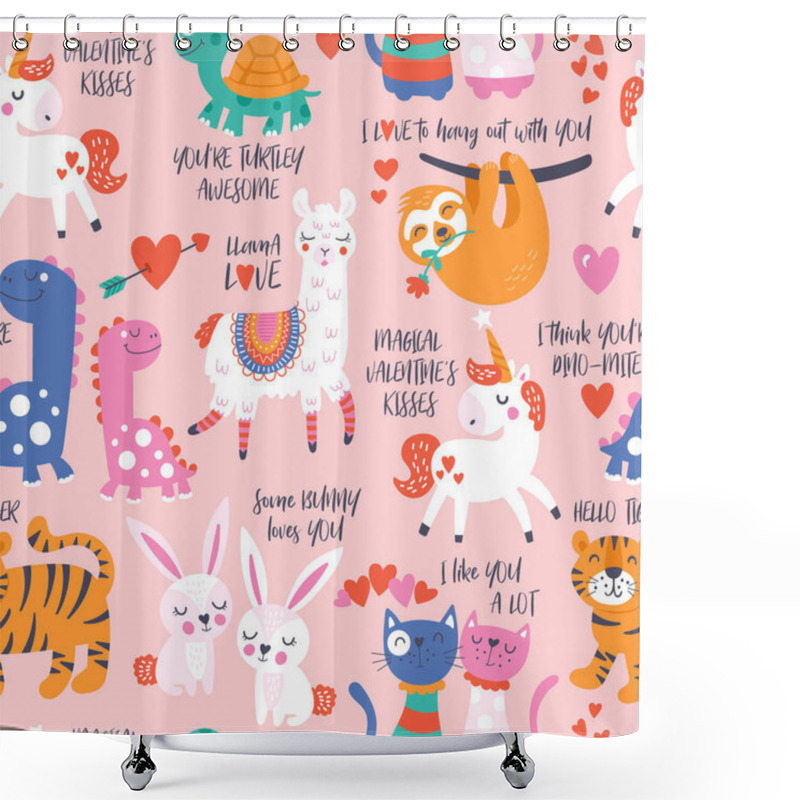 Personality  Seamless Pattern For Valentine's Day With Cute Animals In Love.  Shower Curtains