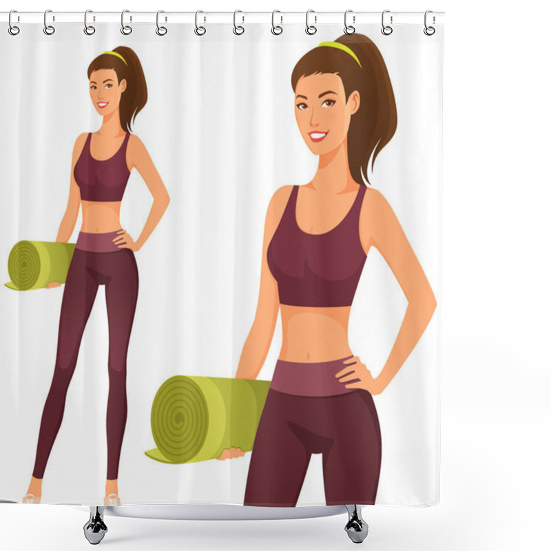 Personality  Happy Young Girl In Gym Outfit, Holding A Yoga Mat. Beautiful Smiling Woman In Sport Fashion. Healthy Lifestyle And Fitness Concept. Shower Curtains