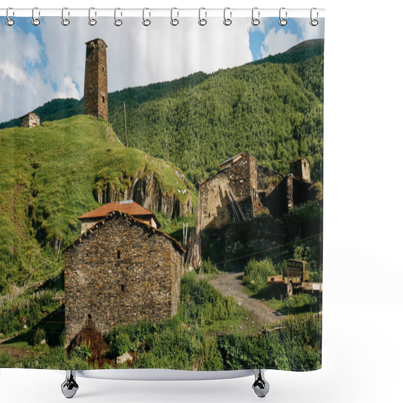 Personality  View Of Grassy Field With Old Weathered Rural Buildings And Hills On Background, Ushguli, Svaneti, Georgia    Shower Curtains