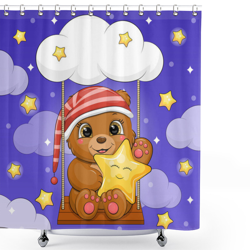 Personality  A Cute Cartoon Brown Bear In A Red Nightcap Holds A Yellow Star And Sits On A Swing. Night Vector Illustration Of An Animal On A Dark Blue Background With Clouds And Stars. Shower Curtains