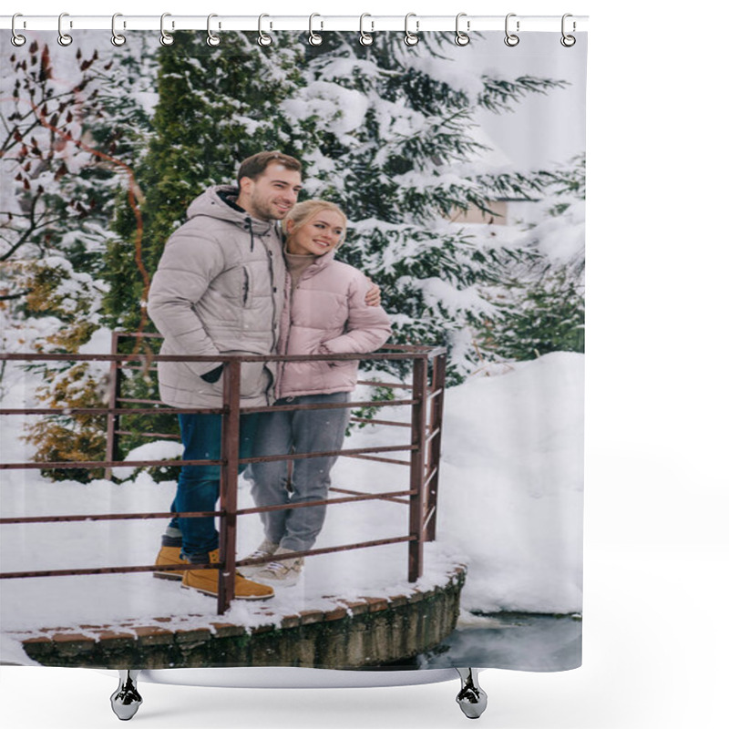 Personality  Happy Couple Standing And Hugging In Cold Winter Park  Shower Curtains