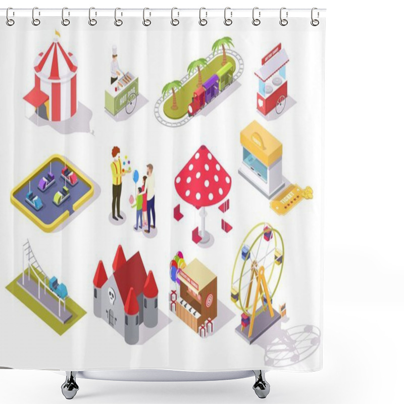 Personality  Amusement Park Vector Flat Isometric Icon Set Shower Curtains