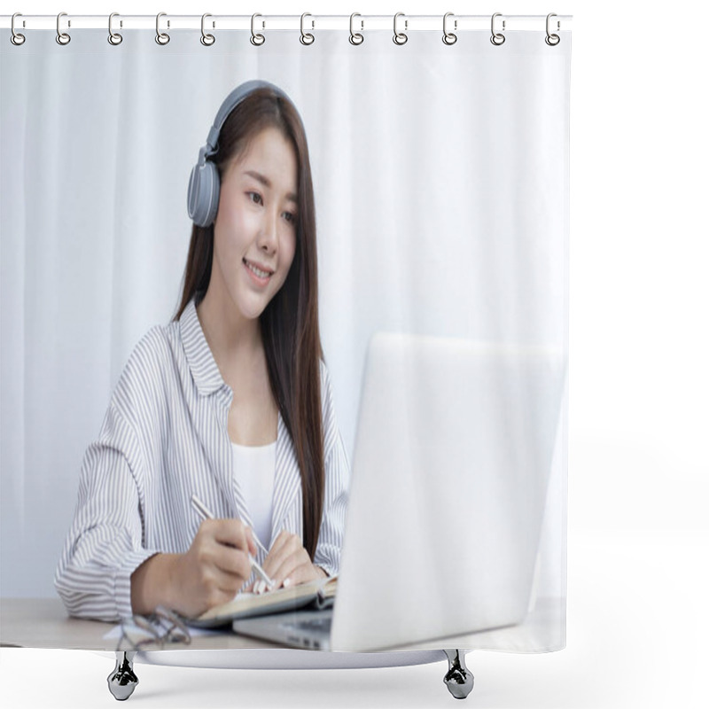 Personality  Asian Woman Is Studying Online Through Her Laptop In Her Home, Stay Home, New Normal, Covid-19 Coronavirus, Social Distancing, Internet Learning. Shower Curtains