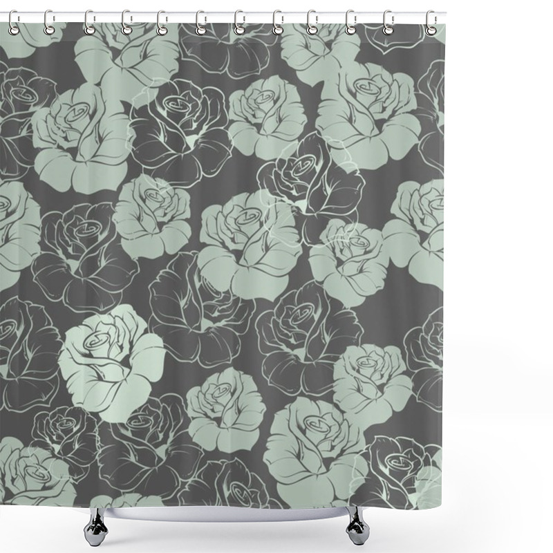 Personality  Seamless Floral Vector Pattern Or Tile Background With Mint Green And Blue Retro Roses On Dark Background. Shower Curtains