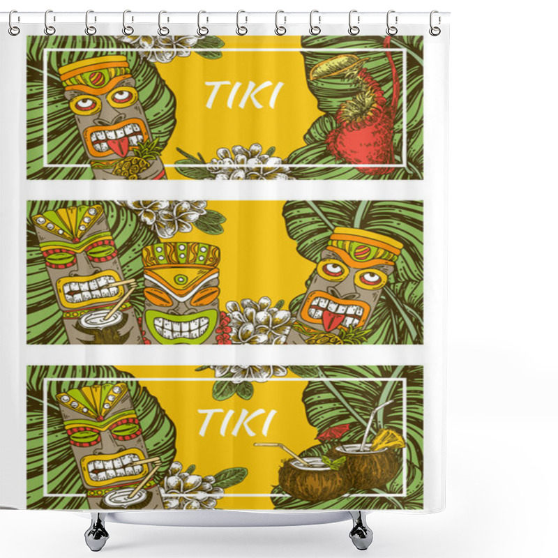 Personality  Set Of Flyers For  Tiki Party. Wooden Idols, Tropical Flowers And Leaves, Cocktail.  Shower Curtains