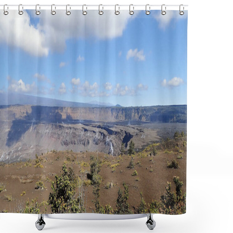 Personality  A Striking View Of Kilauea Crater Under A Vast Blue Sky With Dramatic Clouds. The Rugged Volcanic Terrain Contrasts With The Lush Vegetation, Reclaiming The Landscape. Shower Curtains