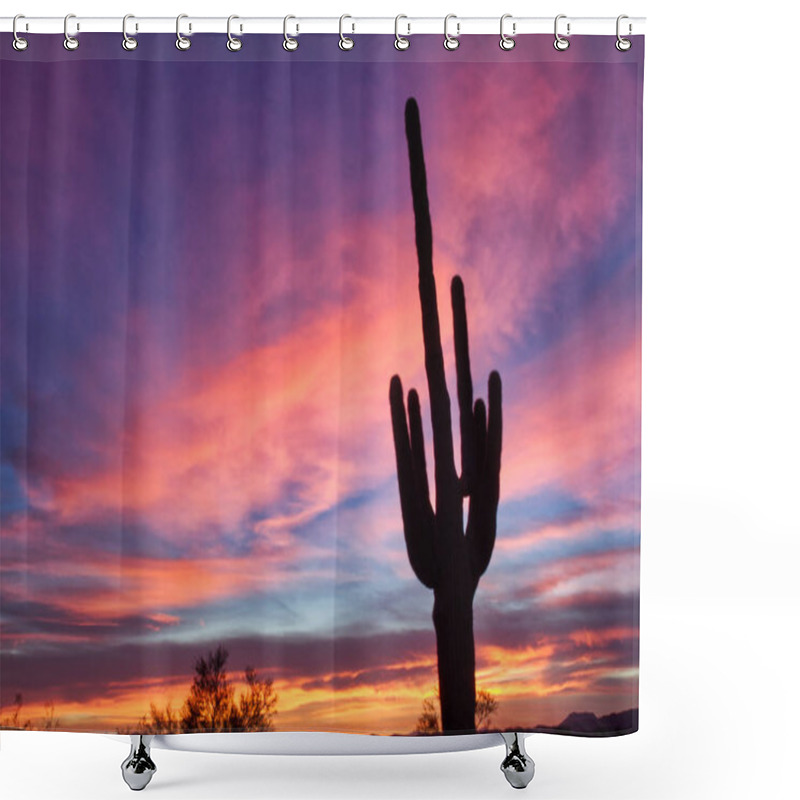 Personality  A Brilliant Sunset With A Saguaro Cactus Silhouetted In The Foreground. Shower Curtains