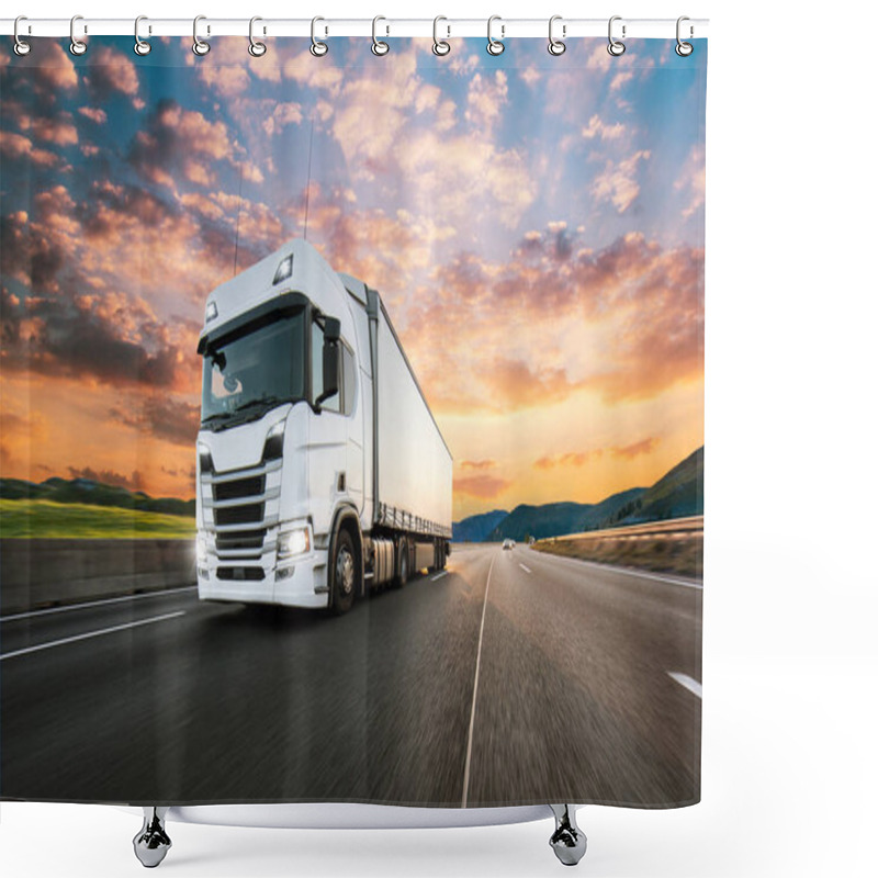 Personality  Truck With Container On Road, Cargo Transportation Concept. Shower Curtains