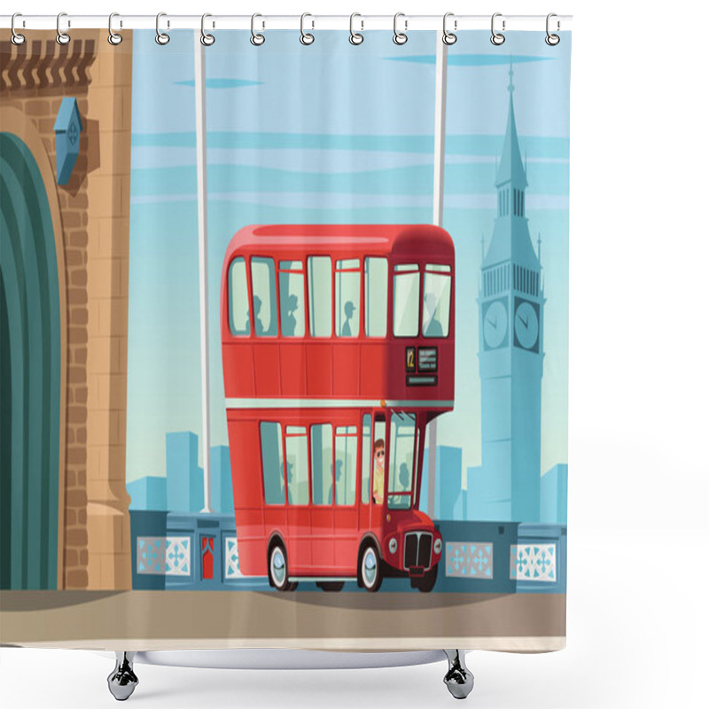 Personality  London Double Decker Bus On Tower Bridge And City Landscape In Background Shower Curtains