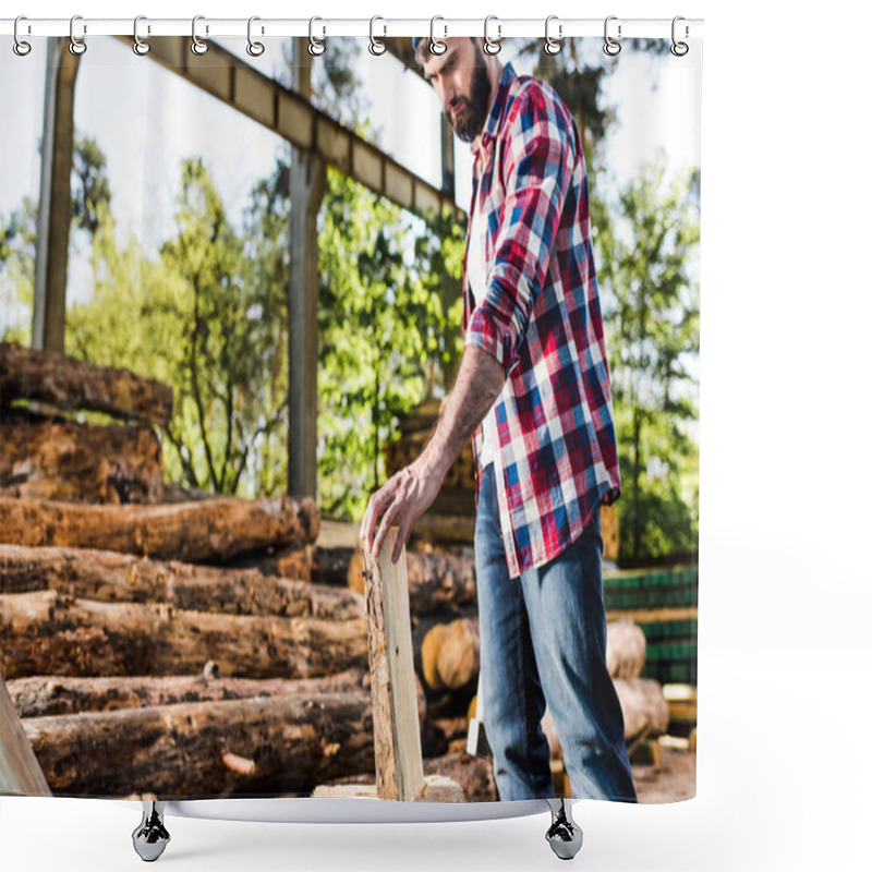 Personality  Lumberjack In Checkered Shirt Preparing To Chop Half Of Log At Sawmill  Shower Curtains