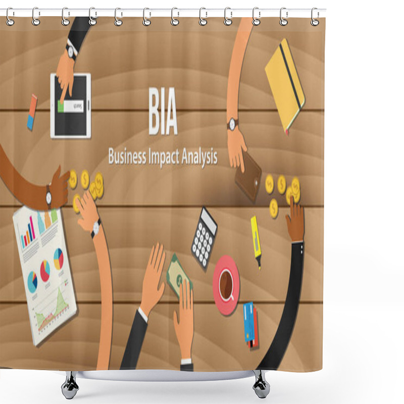 Personality  Bia Business Impact Analysis Illustration Team Work Together With Hand On Wooden Table With Money Graph Paper Work Gold Coin Shower Curtains