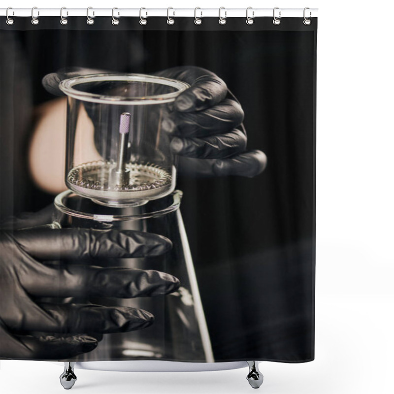 Personality  Barista In Black Latex Glass Assembling Siphon Coffee Maker And Glass Pot In Coffee Shop Shower Curtains