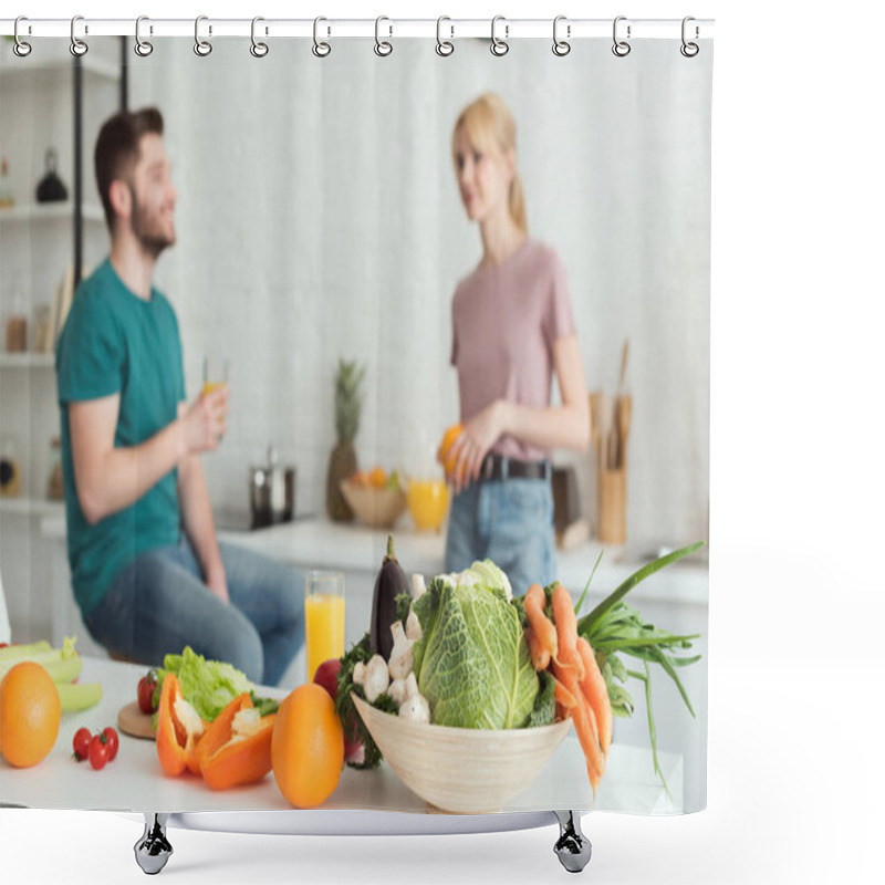 Personality  Vegan Couple Talking In Kitchen With Fruits And Vegetables On Foreground Shower Curtains