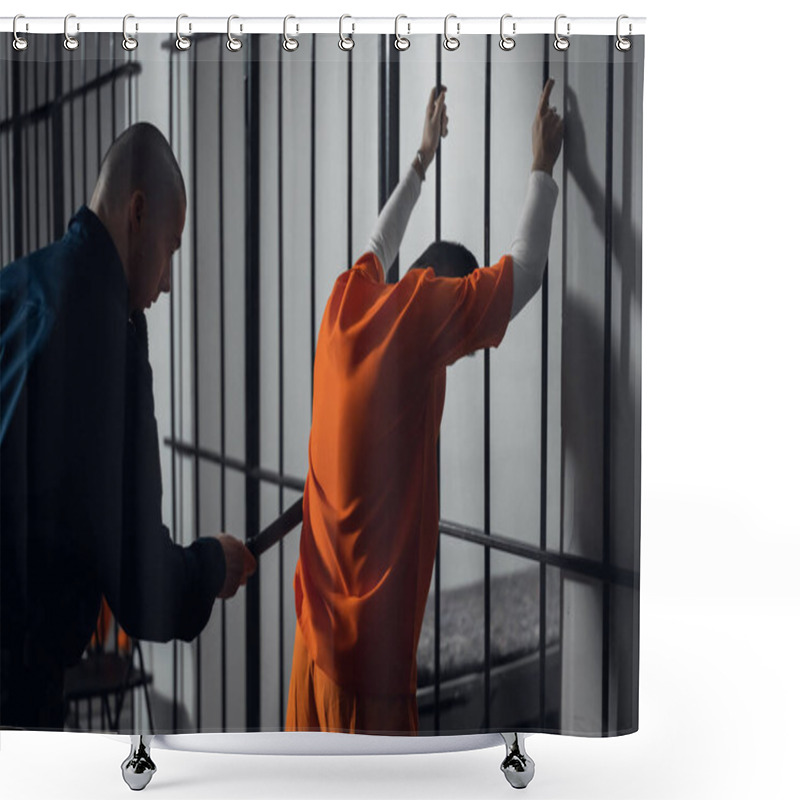 Personality  An Armed Guard Searches A Newly Arrived Criminal In A Prison Corridor Against A Backdrop Of Bars. Shower Curtains