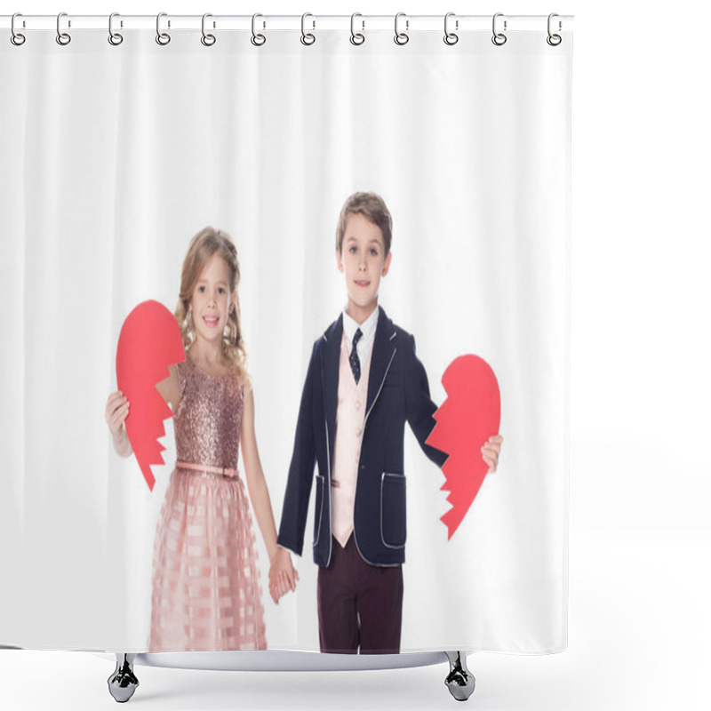 Personality  Cute Little Kids Holding Pieces Of Broken Heart Symbol And Smiling At Camera Isolated On White Shower Curtains