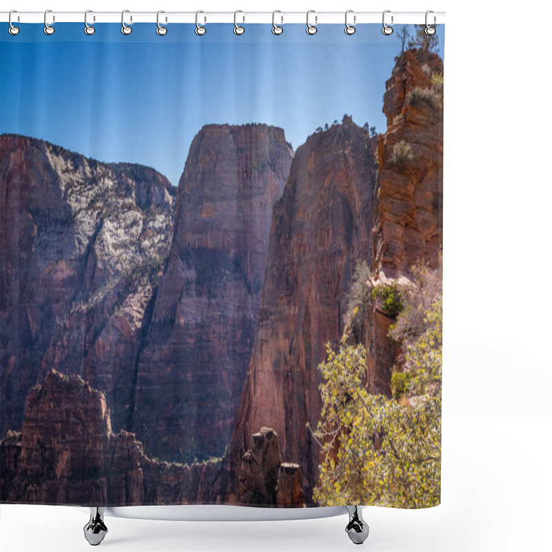 Personality  Angels Landing In Zion National Park, Utah, Offers Stunning Panoramic Views Of Towering Sandstone Cliffs And Vibrant Desert Flora. Shower Curtains