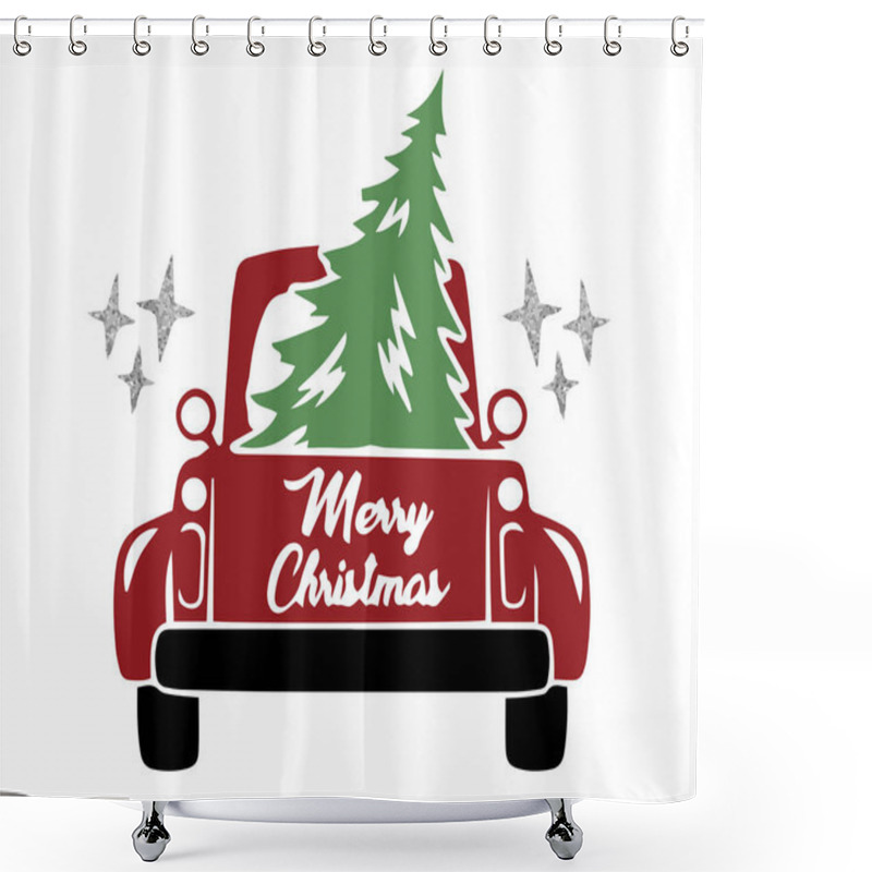 Personality  Christmas Cards With Gold, Design For A Merry Christmas Pickup Truck, Christmas Greeting Card. Vintage Pickup, Truck With Christmas Tree. Vector Illustration. Shower Curtains