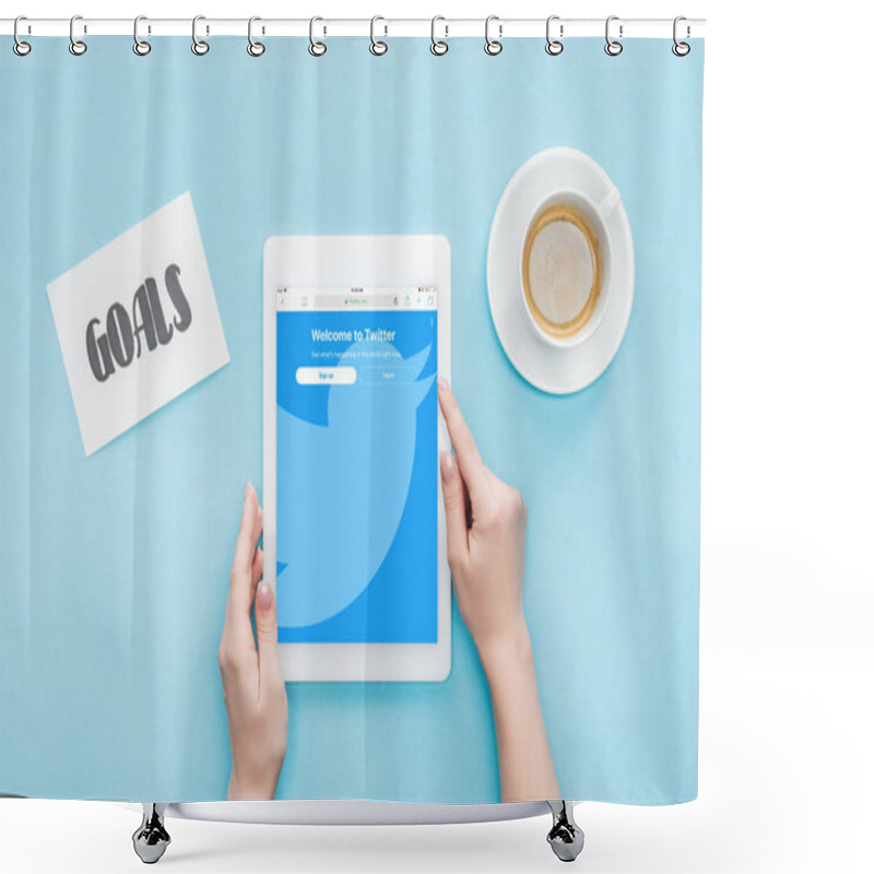 Personality  Cropped View Of Female Using Digital Tablet With Twitter App On Screen, Goals Lettering On Card And Coffee On Blue Background Shower Curtains