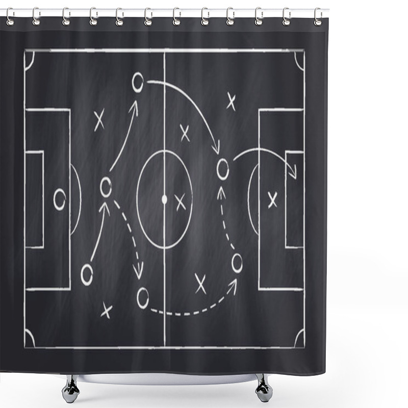 Personality  Soccer Strategy, Football Game Tactic Drawing On Chalkboard. Hand Drawn Soccer Game Scheme, Learning Diagram With Arrows And Players On Blackboard, Sport Plan Vector Illustration Shower Curtains