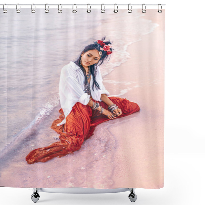 Personality  Beautiful Young Stylish Boho Woman On The Beach At Sunset Shower Curtains