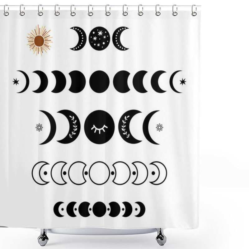 Personality  Black Moon Phase Logo Set. Boho Moon Symbol. Black Moon Cycle. Full Moon, Crescent Isolated. Celestial Graphic Element. Astronomy, Astrology Clipart. Bohemian Botanical Ornate. Simple Illustration. Shower Curtains