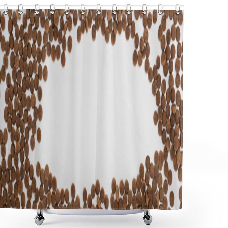 Personality  Top View Of Dry Pet Food Scattered Isolated On White With Copy Space, Panoramic Shot Shower Curtains