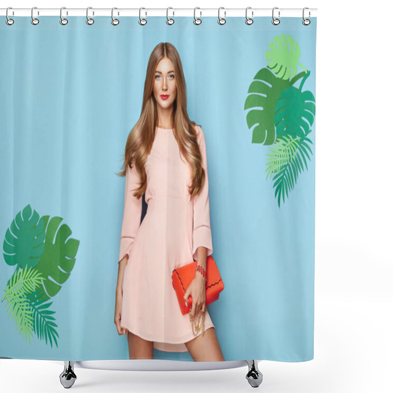 Personality  Portrait Of Fashion Young Woman In Pink Dress. Lady In Stylish Summer Outfit. Girl Posing On A Blue Background. Stylish Hairstyle. Model On The Background Of Tropical Leaves Shower Curtains