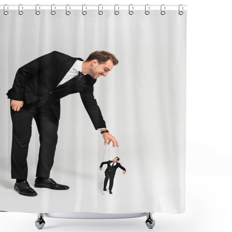 Personality  Smiling Businessman In Suit Playing With Marionette On Grey Background  Shower Curtains