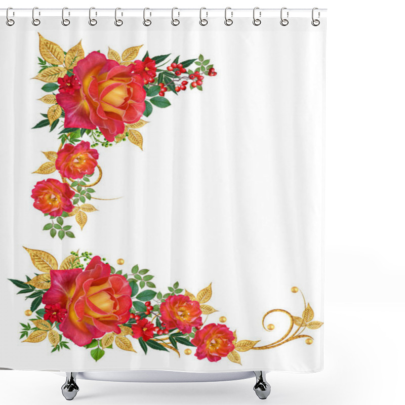 Personality  Decorative Corner Vignette. Golden Curl, Glittering Leaves, Flower Rinds, Red Roses. Isolated On White Background. Shower Curtains