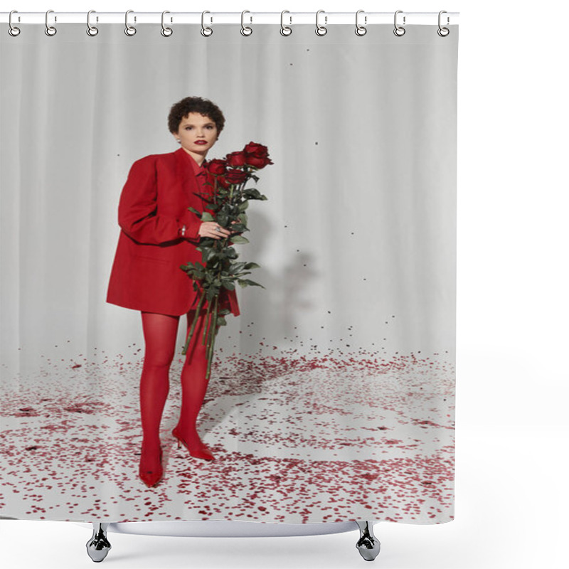 Personality  A Young Woman Stands Confidently In A Vibrant Red Outfit, Surrounded By Rose Petals. Shower Curtains