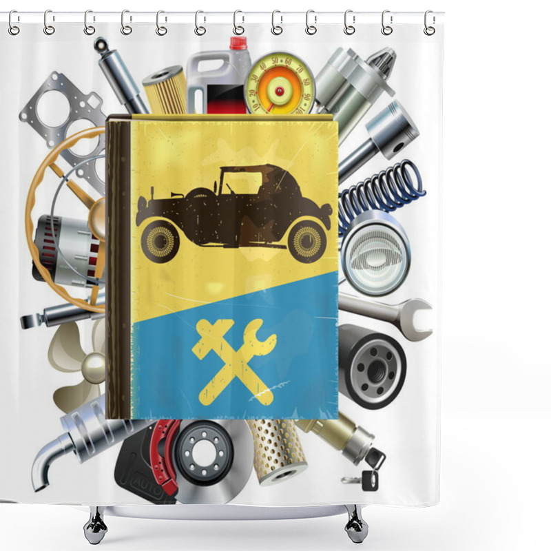 Personality  Vector Old Automobile Repair Book With Car Spares Shower Curtains