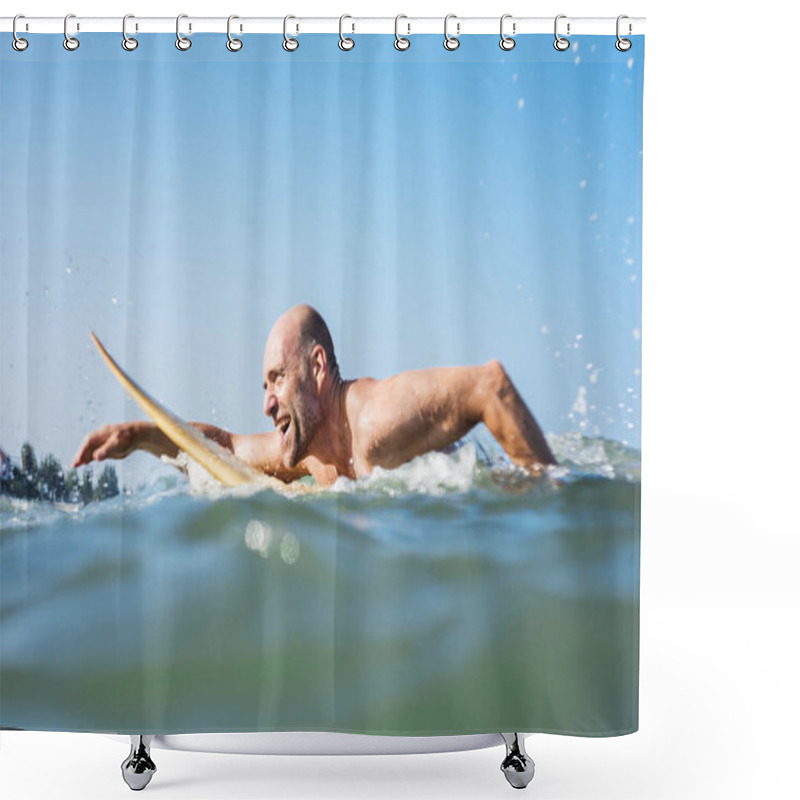 Personality  A Senior Man On A Surfboard Shower Curtains