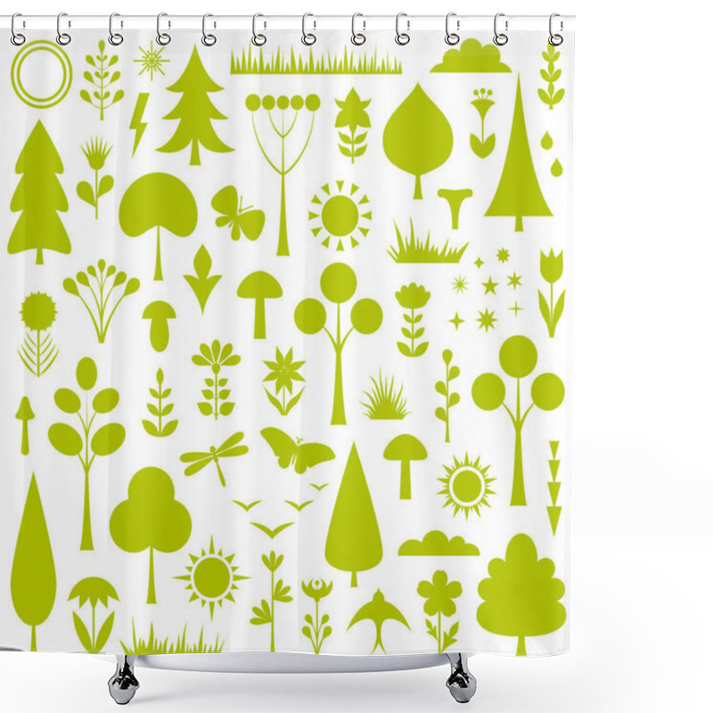 Personality  Silhouettes Of Forest Plants. Set Of Stencils Of Trees, Flowers, Grass, Insects, Mushroom Bushes And Herbs. Vector Illustration. Shower Curtains