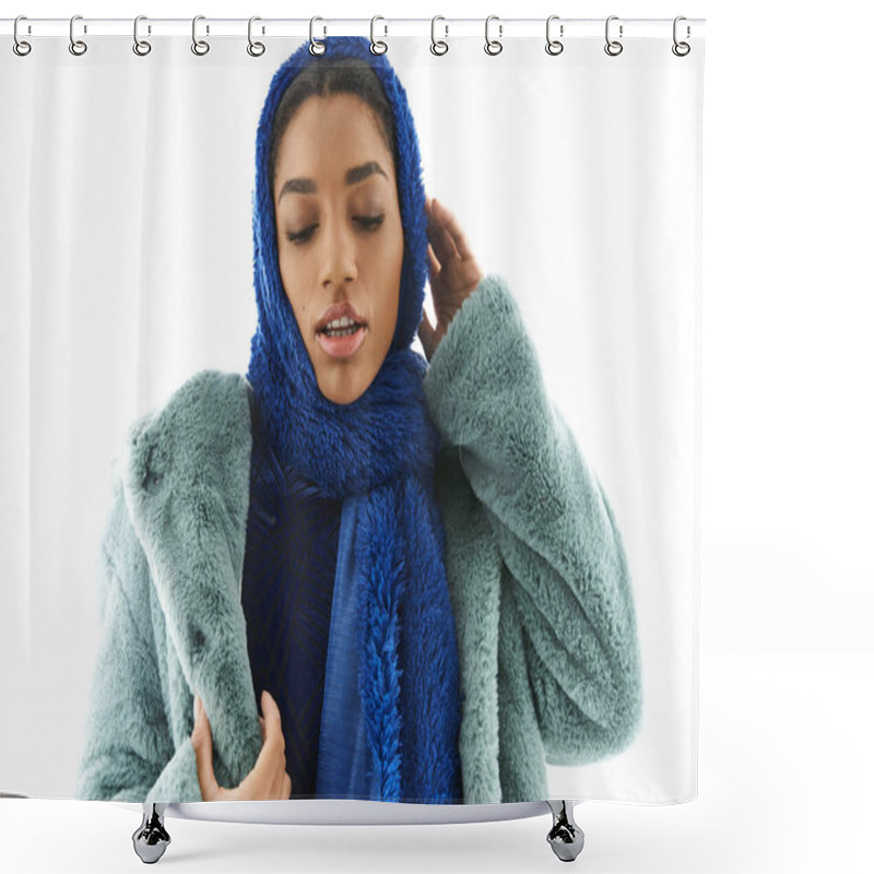 Personality  Young Woman Flaunts Chic Layers And A Vibrant Scarf Against A Bright Backdrop. Shower Curtains