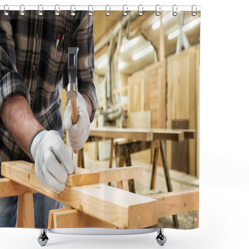 Personality  Carpenter At Work On Wooden Boards. Carpentry. Shower Curtains