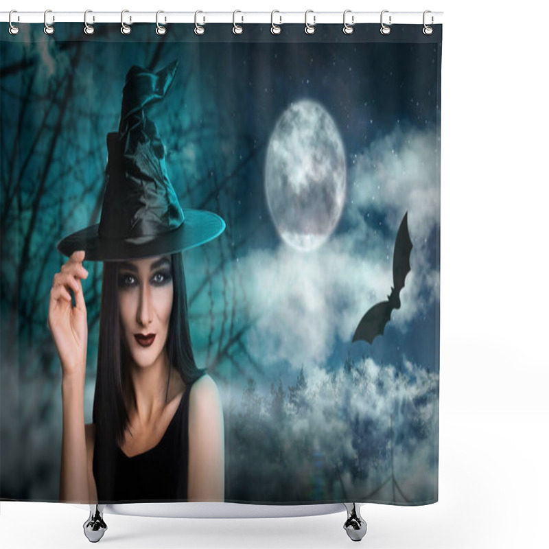 Personality  Young Girl Dressed As Witch In Misty Forest On Full Moon Night. Halloween Fantasy Shower Curtains