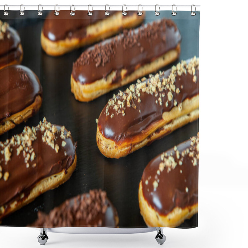 Personality  Traditional French Eclairs With Chocolate. Tasty Dessert. Home Made Cake Eclairs Sweet. Dessert. Pastry Filled With Cream. Chocolate Icing. Shower Curtains