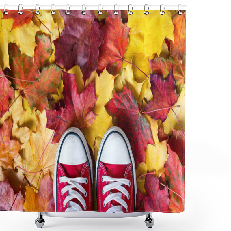 Personality  Red Sneakers On A Yellow Autumnal Leaves Background. Autumn Season In Red Hipster Shoes, Copy Space. Shower Curtains