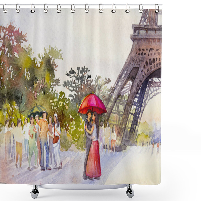 Personality  Paris European City Landscape. France, Eiffel Tower And Couple Lovers Man, Woman, Umbrella Red, Flower Garden Trees. Watercolor Painting Illustration,wedding, Valentine Day, Greeting. Shower Curtains