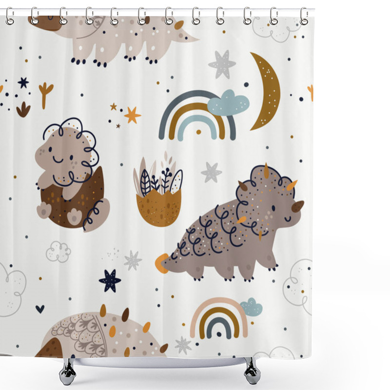 Personality  Pattern With Cute Dinosaurs, Rainbows, Moon, Stars. Children Background In Scandinavian Style. Creative Kids Texture For Print, Textile, Wallpaper, Apparel, Fabric, Wrapping. Vector Illustration Shower Curtains