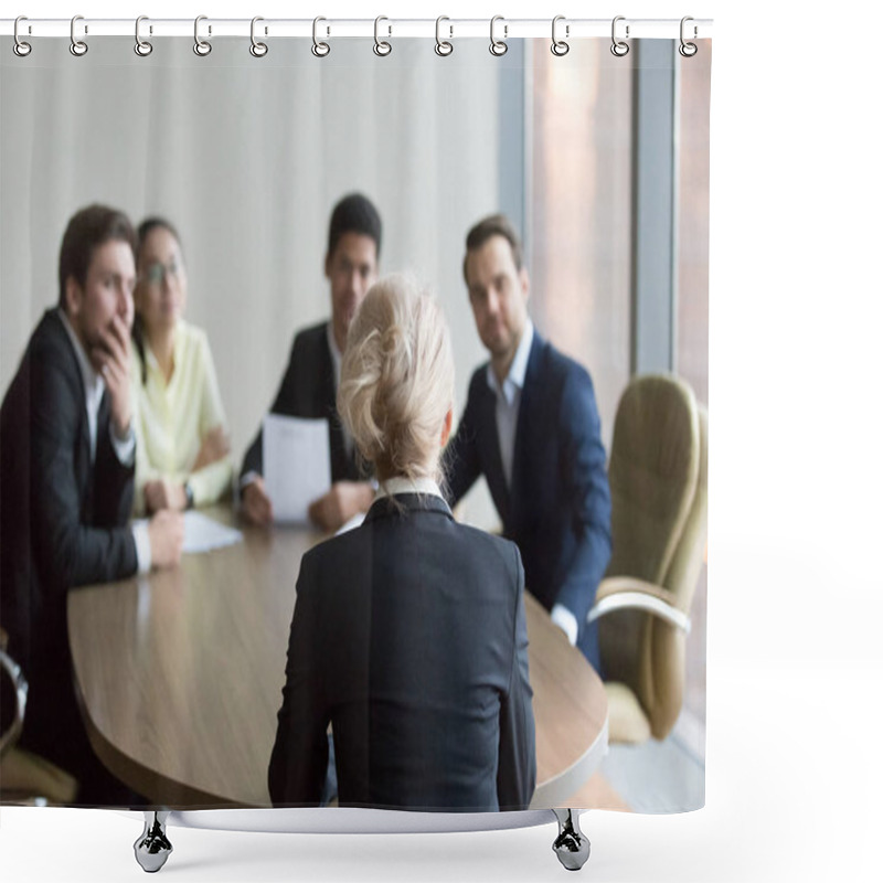 Personality  Woman Passing Job Interview At Office, Interviewers On Backgroun Shower Curtains