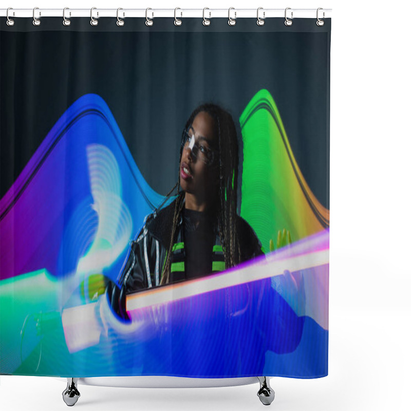 Personality  Stylish African American Woman In Smart Glasses Posing With Neon Stick On Grey Background  Shower Curtains