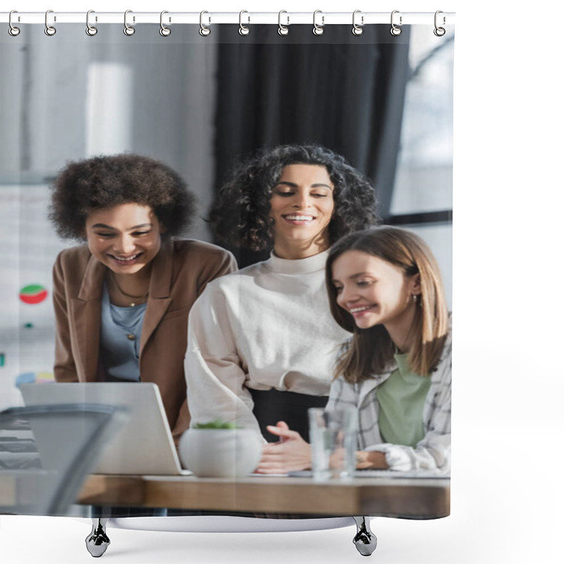 Personality  Happy Multicultural Businesswomen Looking At Blurred Laptop In Office  Shower Curtains