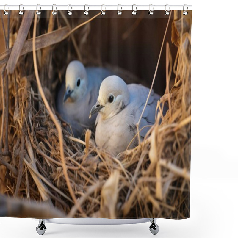 Personality  Two Young Dove Chicks Nestled Comfortably In Their Straw Nest, Showcasing A Tender Moment In Nature. Shower Curtains