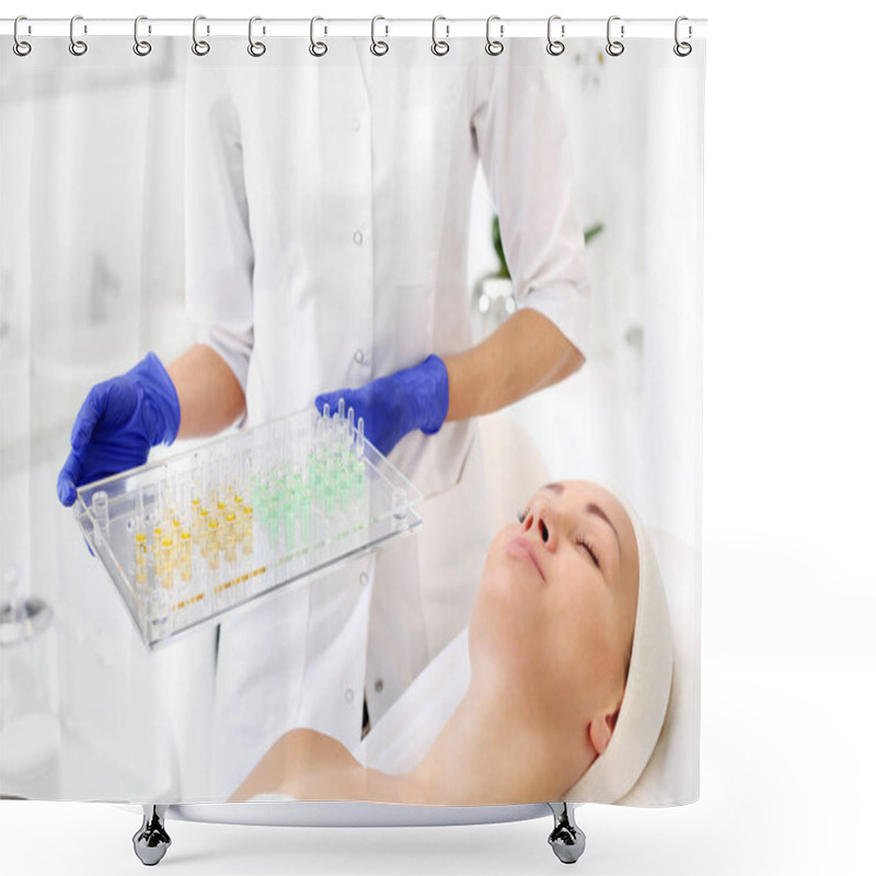 Personality  Cosmetics In An Ampoule.The Beautician Holds Trays With Cosmetic Preparations In Her Hand. Shower Curtains