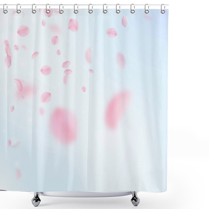 Personality  Sakura Petals Falling Down. Romantic Pink Flowers Corner. Flying Petals On Blue Sky Square Backgroun Shower Curtains