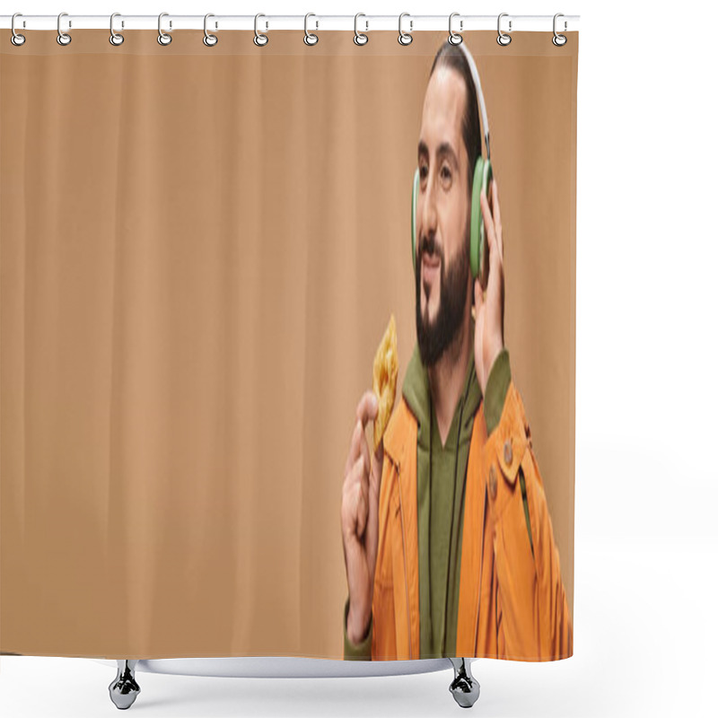 Personality  Cheerful Man In Headphones Holding Honey Baklava On Beige Background, Middle Eastern Dessert Banner Shower Curtains